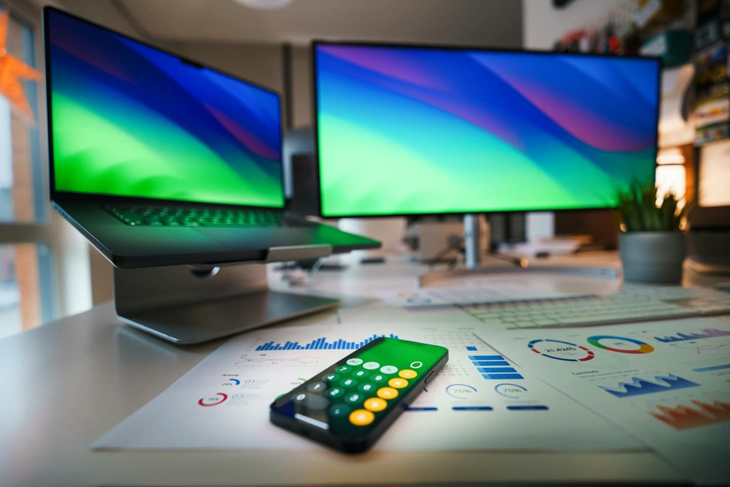 Scrivania con laptop, monitor e fogli con grafici.
